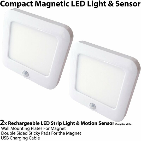 2x Rechargeable Magnetic led Square Light & pir Motion Sensor - Cupboard Cabinet Kitchen Unit Mini Auto Spotlight