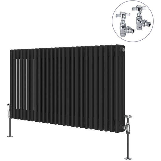 NRG - Black Traditional Cast Iron Style Radiator with Chrome Angled Cross Head Manual Valves Horizontal 3 Column 600x1192mm