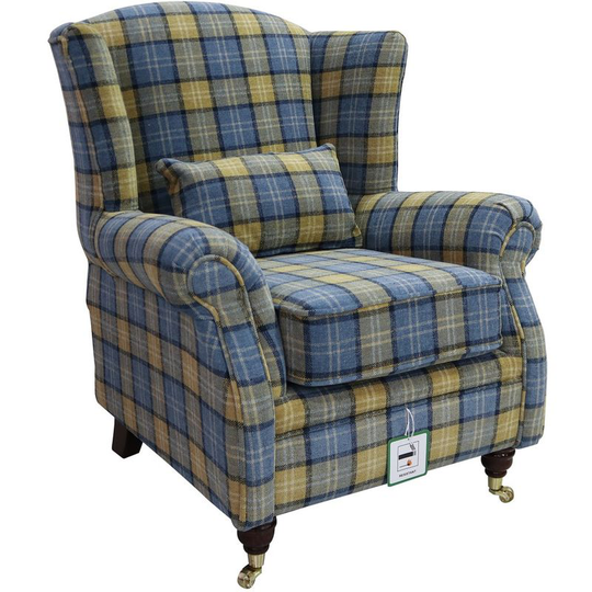Wing Chair Fireside High Back Armchair Lana Blue Check Fabric