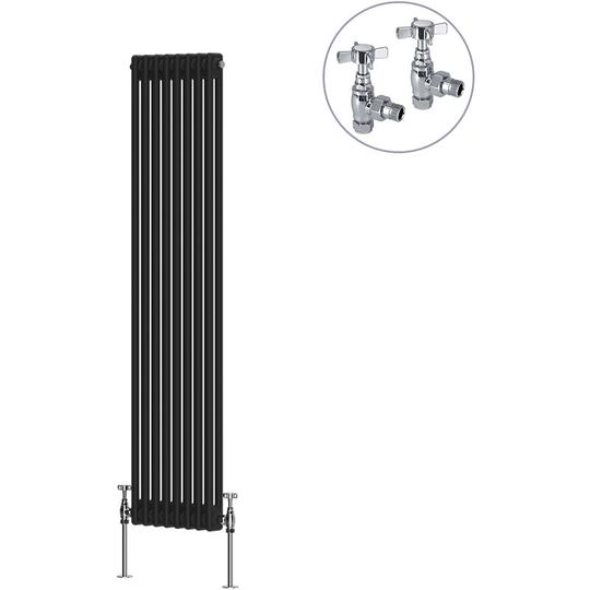 Black Traditional Cast Iron Style Radiator with Chrome Angled Cross Head Manual Valves Vertical 2 Column 1500x380mm