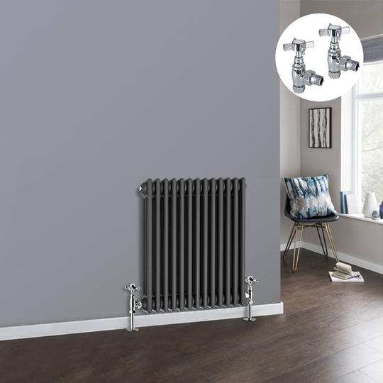 Anthracite 3 Column Traditional Cast Iron Style Radiator with Chrome Angled Cross Head Manual Valves Horizontal 600x607mm