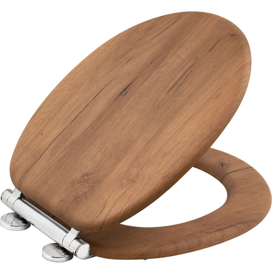 Driftwood Effect Wooden Toilet Seat Heavy Duty Bar Duty Wood Effect Finish - Chrome