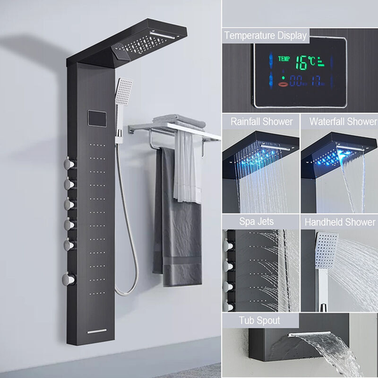 Led Light Shower Faucet Bathroom spa Massage Jet Shower Column System Waterfall Rain Shower Panel Bidet Sprayer Tap,Black