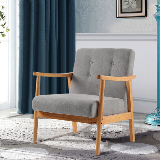 Accent Linen Fabric Buttoned Armchair Wooden Frame, Grey - Livingandhome