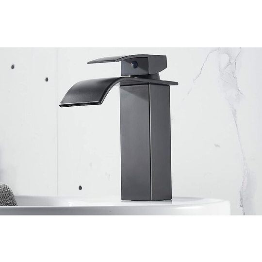 Bathroom Faucet with Waterfall Spout - Matte Black - 1 Hole - Stainless Steel - 100% Lead Free