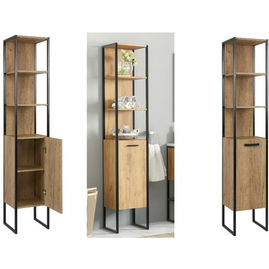 Tall Bathroom Cabinet Storage Unit Tallboy Black Steel Oak Finish Freestanding Loft Industrial Brook - Black Metal / Oak Finish