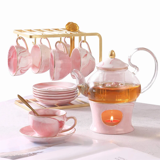 21 Pcs Small Tea Set Of 6, Gray Marble Set, Handcraft Golden Trim, Fine Porcelain Tea Pot Set For Kids&Adults, 1 Glass Teapot(22Oz), 6 Cups(4Oz), 6 Sa