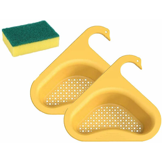 Perlerare - 2Pcs Swan Drain Basket,Kitchen Sink Drain Basket No Punching,Triangular Kitchen Sink Strainer,Yellow,Comes with a dish brush