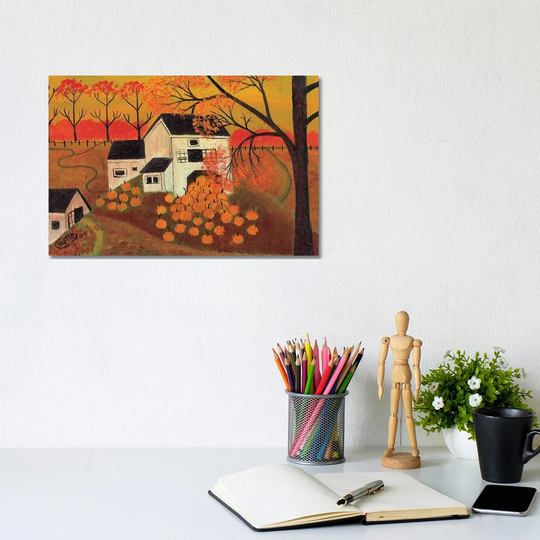 Pumpkin Barn Autumn Folk Art Cheryl Bartley by Cheryl Bartley - Graphic Art Print on Canvas