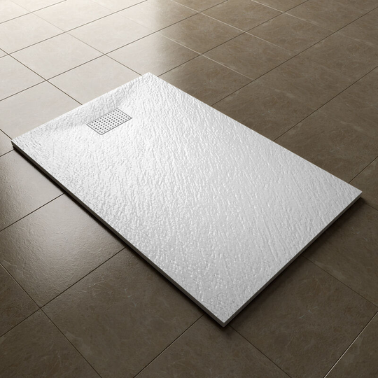 1000x700mm White Slate Effect Lightweight Slate Shower Base Rectangular Grain Shower Enclosure Tray with Waste Trap + Dotted Stainless steel drain