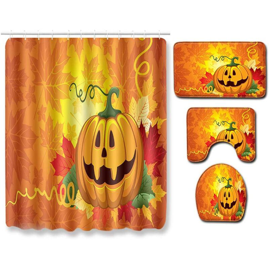 4Pcs Cartoon Halloween Pumpkins and Maple Leaves Pattern Digital Print Shower Curtains Sets with Bath Mat,Contour Rug,Toilet Lid Cover for Bathroom