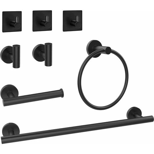 Set of 8 Black Bathroom Sets Wall Mounted, Robe Hook, Wall Mounted Toilet Paper Holder, Towel Ring, 16'' Towel Rack, Bathroom Accessories, Towel