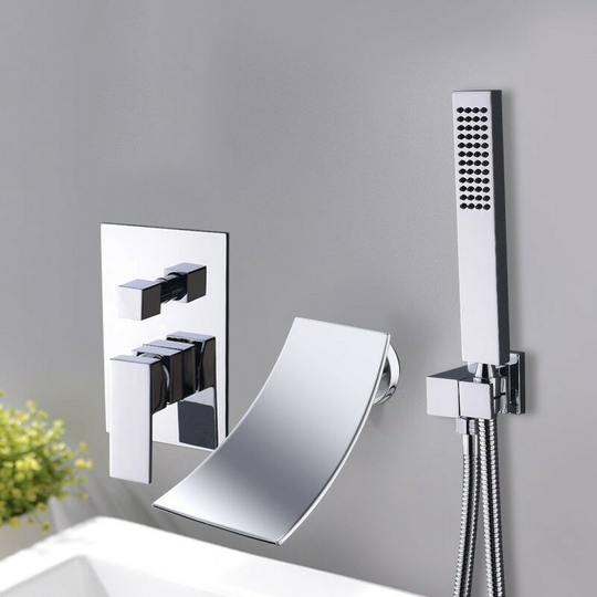 Sophisticated recessed tub faucet with chrome hand shower