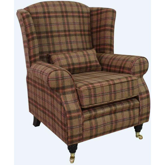 Arnold Wool Tweed Wing Chair Fireside High Back Armchair Nunnington Geranium Check Fabric