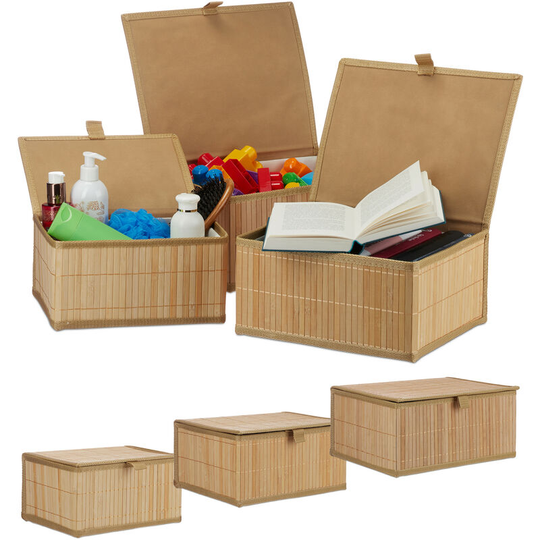 Relaxdays - 2 Sets of 3 Bamboo Storage Baskets with Lid, Decorative Organiser, Dust-free & Moisture-resistant, Natural