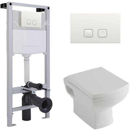 Milano - Sandringham - White Ceramic Traditional Bathroom Wall Hung Toilet wc with Tall Wall Frame Cistern and Square White Flush Plate