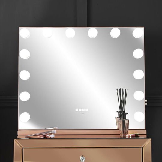 Natalia Rosegold Desktop Mirror with Hollywood Dimmable led Bulbs 3 Colours Touch Sensor Bluetooth Speaker usb Charger Built In Socket Frameless