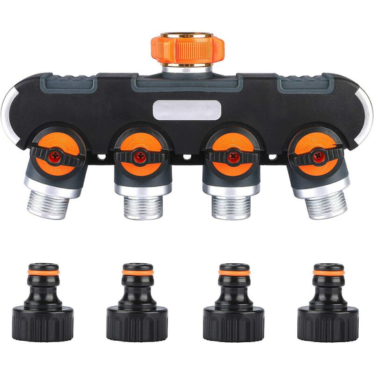 Perlerare - 4 Way Distributor, Hose Splitter, Adjustable and Lockable Water Flow Distributor for Garden Irrigation 3/4'' Connector