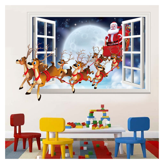 2pcs Christmas decorative wallpaper, Santa Claus decal on the wall with 3D effect, removable false window