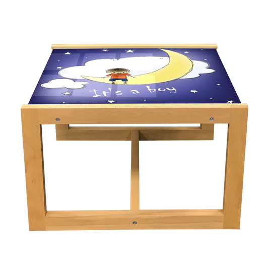 Gender Reveal Coffee Table, Boy Sitting On The Moon Cloud Sky Greeting Concept Print, Acrylic Glass Center Table With Wooden Frame For Offices Dorms I