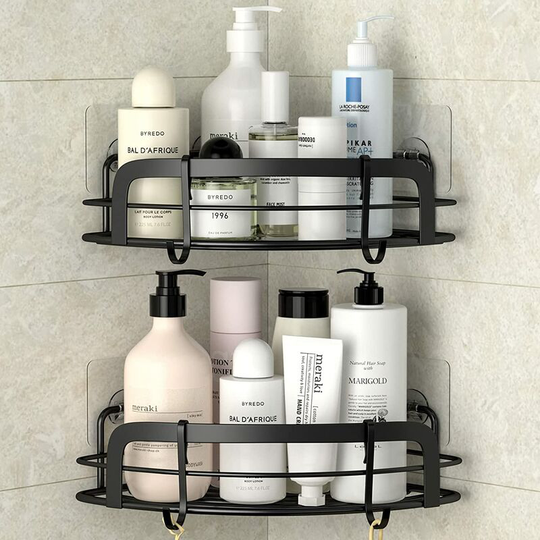 Pack Adhesive Corner Shelves with Wall Mounted Hooks, for Bathroom, Dorm, Restroom, Kitchen