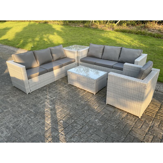 Light Grey Outdoor Rattan Garden Furniture Set Corner Sofa Set Oblong Square Coffee Table Armchair - Fimous