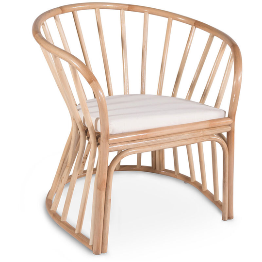 Privatefloor - Rattan Armchair with Cushion, Boho Bali Style - Cui White Canvas, Rattan - White