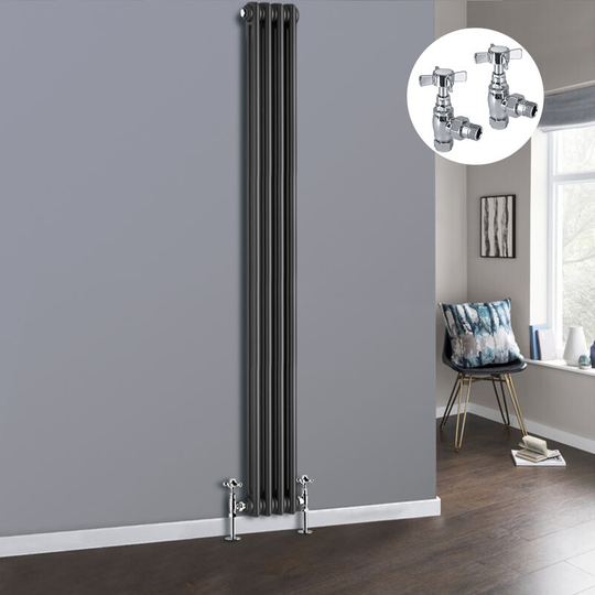 Anthracite 2 Column Traditional Cast Iron Style Radiator with Chrome Angled Cross Head Manual Valves Vertical 1800x200mm