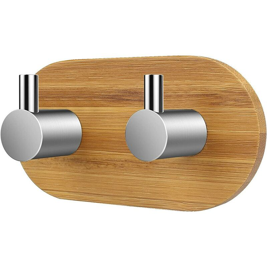 Adhesive Hook, Wall Hooks for Bathroom Towel Holder Hooks Kitchen Bedroom Stick Hook, Bamboo and Stainless Steel