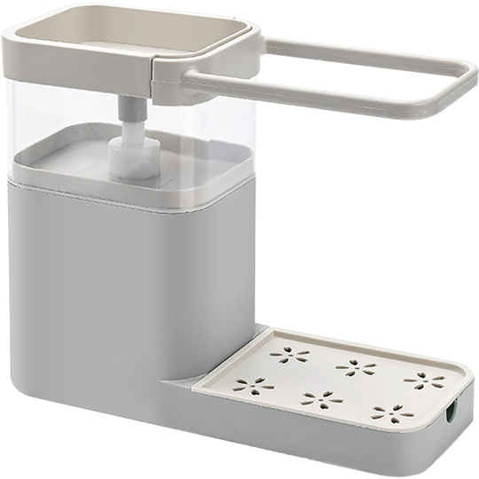 Multifunctional Soap Dispenser for Kitchen Countertop with Sponge Holder Towel Rack Drain Hole All-in-One Detergent Dispenser, Grey