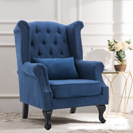 Chesterfield Queen High Back Armchair with Thick Cushion and Lumbar Pillow, Blue - Livingandhome