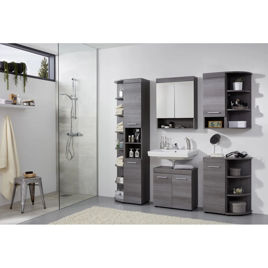 Runnermoon bathroom shelf with 3 open compartments in smokey silver.