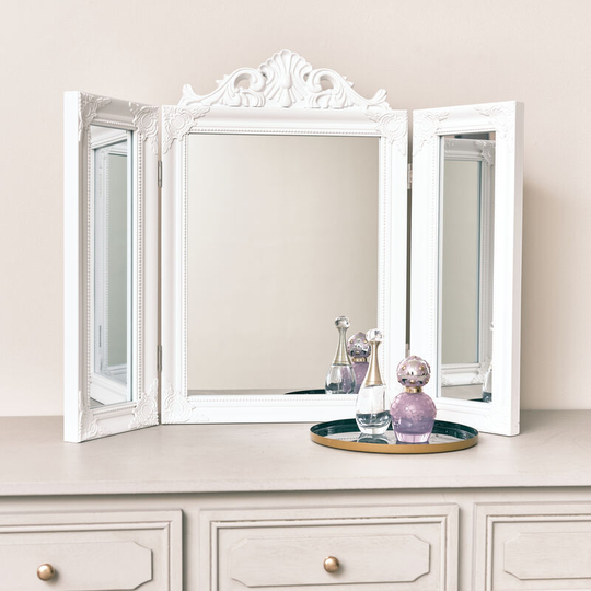 White Ornate Dressing Table Triple Mirror - White