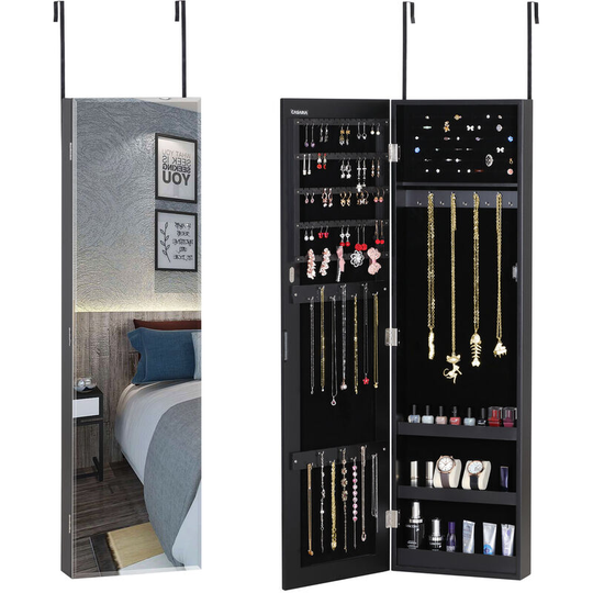 Jewellery Cabinet Hanging Cabinet Wall & Door Mount With / Without LEDs Black - Casaria