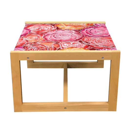 Floral Coffee Table, Dreamy Illustration Of High Detailed Romantic Pink Roses Garden Art, Acrylic Glass Center Table With Wooden Frame For Offices Dor