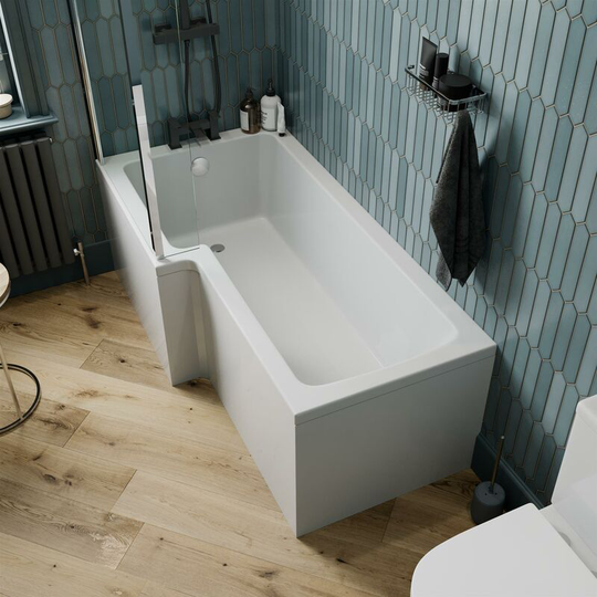 L Shaped Shower Bath Left Hand Bathtub 1700 Screen with Rail Front Panel Acrylic - White