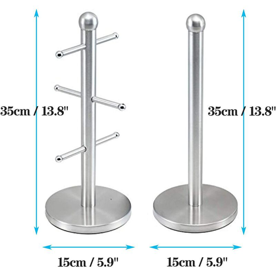 Matching 6 Cup Mug Tree Save Space Drying Rack and Kitchen Paper Towel Tissue Roll Holder Set Non-Slip Rust-Proof Upright Stainless Steel Chrome