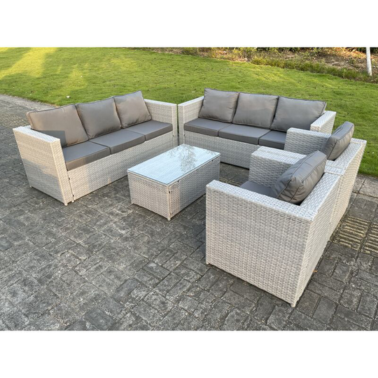 Light Grey Outdoor pe Rattan Garden Furniture Set Wicker Sofa Set Oblong Coffee Table 2 Armchair - Fimous