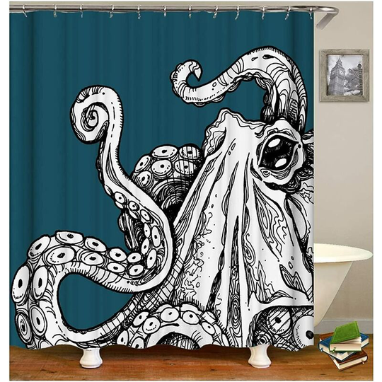 1 Piece Shower Curtain 180x200, Octopus Monster Bathtub Curtain Blue Mildew Proof Shower Curtain