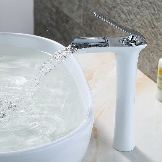 Sophisticated Tall Lavatory Faucet with Cascading Spout White Chrome