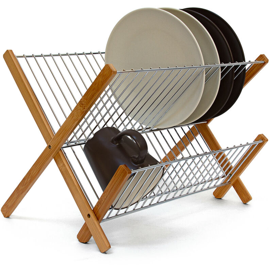 Relaxdays CROSS Bamboo And Chromed Steel Draining Rack: 27 x 38 x 29 cm Drying Rack Folding Dish Drainer For Plates, Cups, Glasses, Natural
