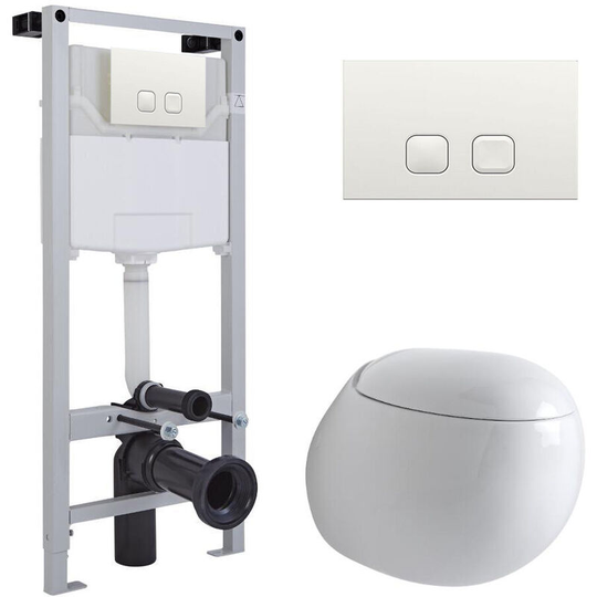 Milano - Mellor - White Ceramic Modern Bathroom Wall Hung Round Toilet wc with Tall Wall Frame Cistern and Square White Flush Plate