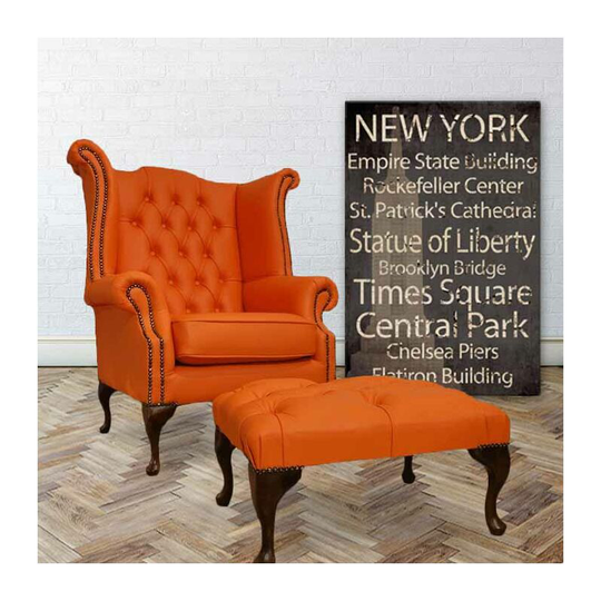 Chesterfield Offer Queen Anne High Back Wing Chair Mandarin Orange Leather Footstool