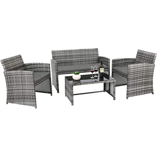 Garden Furniture Set, pe Rattan Garden Furniture Sets, Glass Coffee Table, 2 Seater Sofa and 2 Armchair for 4 People, Comfortable Gray Cushion, For