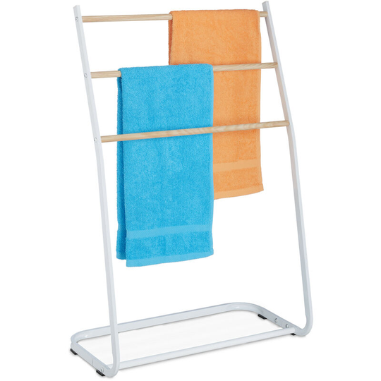 Towel Rack, 3 Rails, h x w x d: 87 x 58 x 29.5 cm, Standing Towel Holder, Wood Optic, Iron, White - Relaxdays