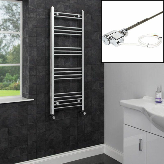 Duratherm - Dual Fuel Heated Towel Rail Chrome Designer Flat Thermostatic Electric 1200x600 - Silver