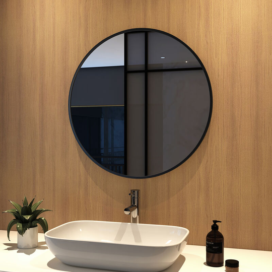 70cm Bathroom Mirror Round Hanging Wall Mirror Matte Black Frame, Modern Wall Mounted Bathroom Mirror - Meykoers