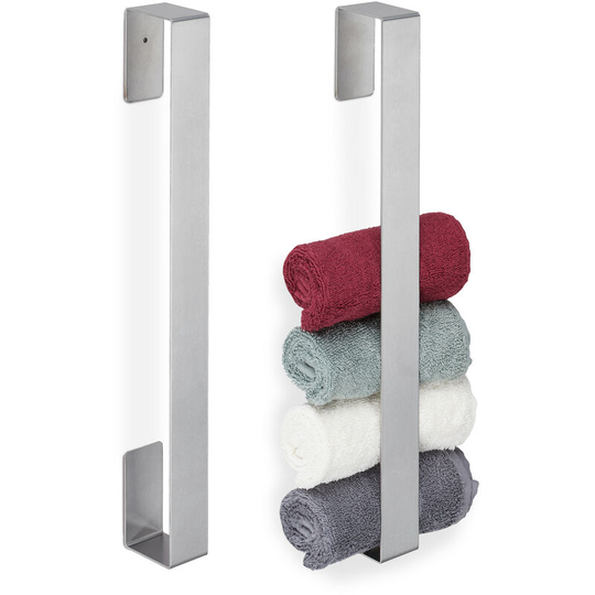 2x Towel Rails, Self-Adhesive, 430 Stainless Steel, Bathroom, Kitchen, Without Drilling, 45x4x6 cm, Silver - Relaxdays
