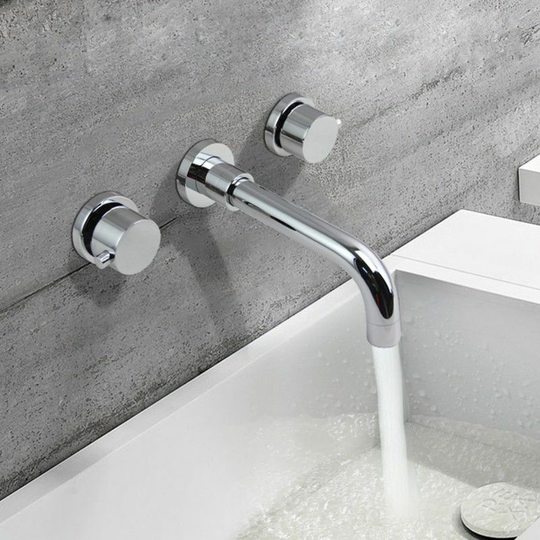 Contemporary wall-mounted sink faucet in solid brass and polished chrome