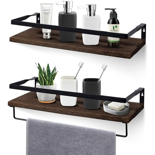 Set of 2 Wall Shelves, Antique Storage Shelves, Solid Wood Fixed Floating Bathroom Shelf with Towel Rack, Wall Shelves for Bedroom, Living Room and